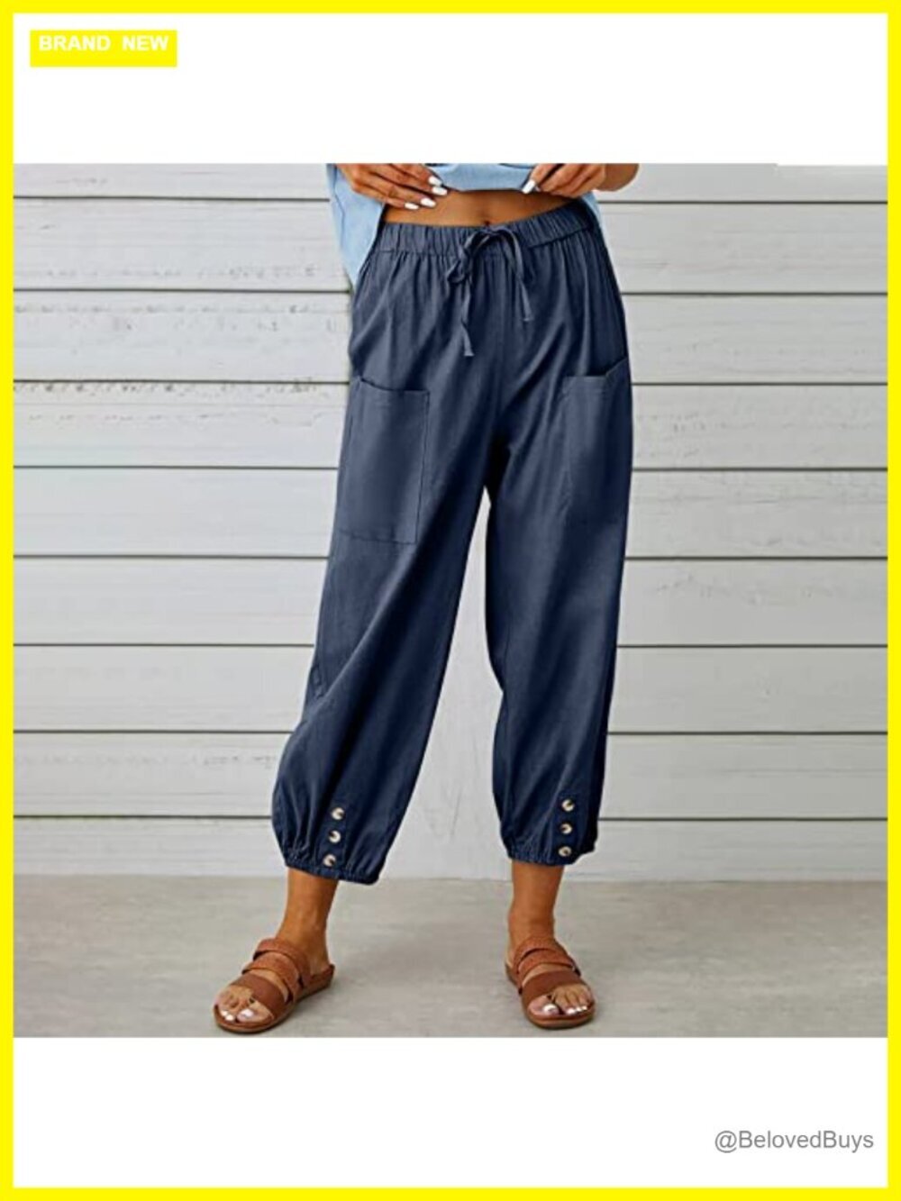 High Waisted Wide Leg Linen Capri Pants with Pockets Casual Summer - Picture 2 of 5